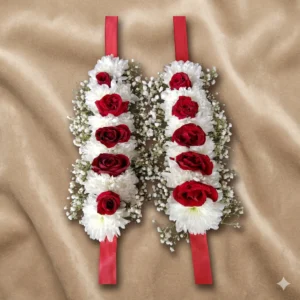 crimson rose linear & snowy chrysanthemum bridal gajras