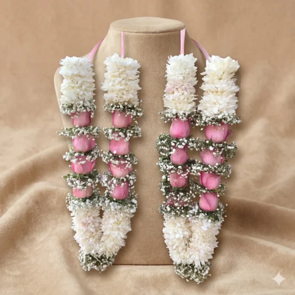 soft pink rose & alabaster chrysanthemum matrimonial haar set