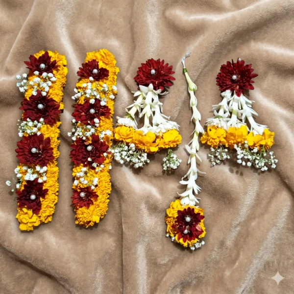 golden marigold & crimson pearl festive bridal jewellery set