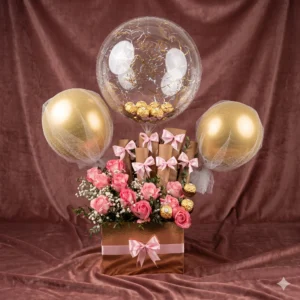 Rose Gold Tulle-Veiled Balloon & Pink Rose Luxury Box Hamper