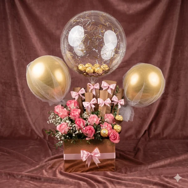 Rose Gold Tulle-Veiled Balloon & Pink Rose Luxury Box Hamper