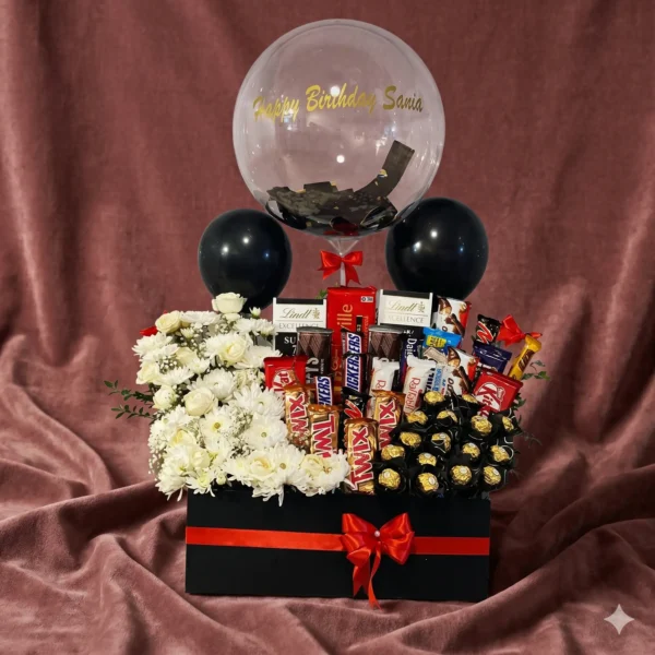 ultimate congratulations chocolate bouquet box with fresh pink roses