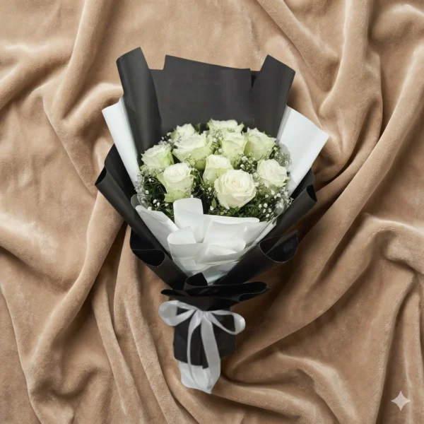 elegant white rose bouquet in luxury black and white wrapping | classic floral gift