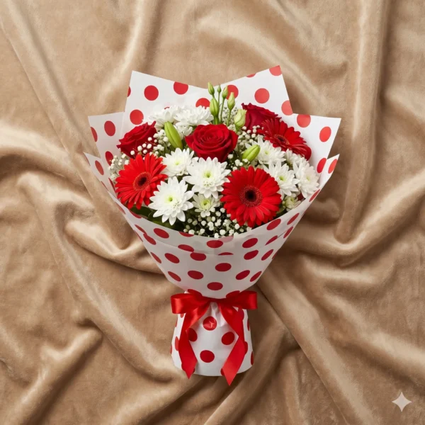 bold red gerbera & white chrysanthemum bouquet | playful red polka dot wrap