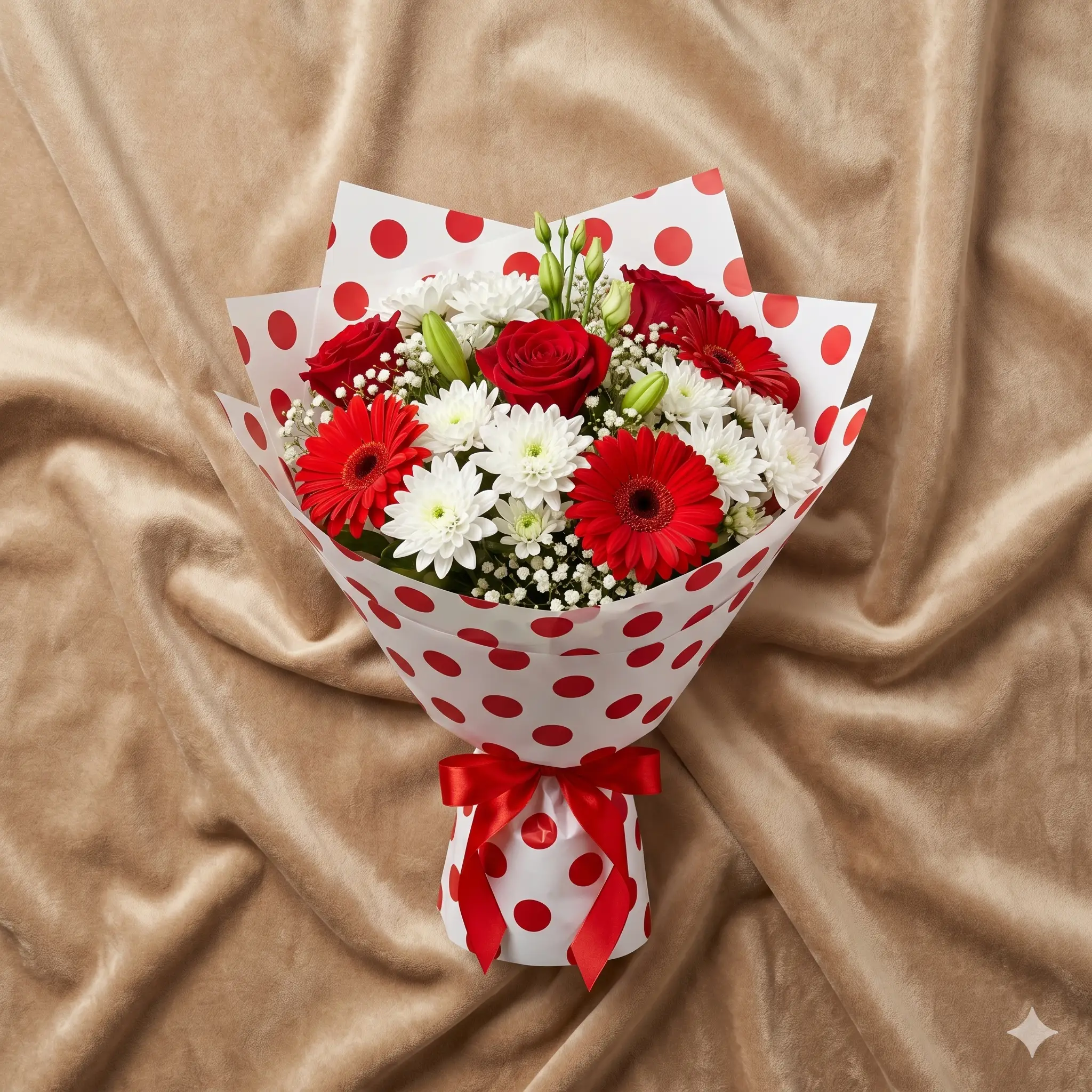 bold red gerbera & white chrysanthemum bouquet | playful red polka dot wrap