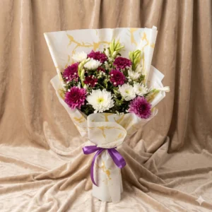 bold red gerbera & white chrysanthemum bouquet | playful red polka dot wrap (copy)