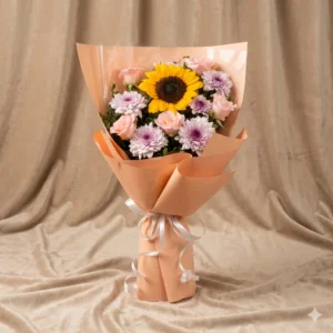 golden sunflower & pastel peach floral bouquet