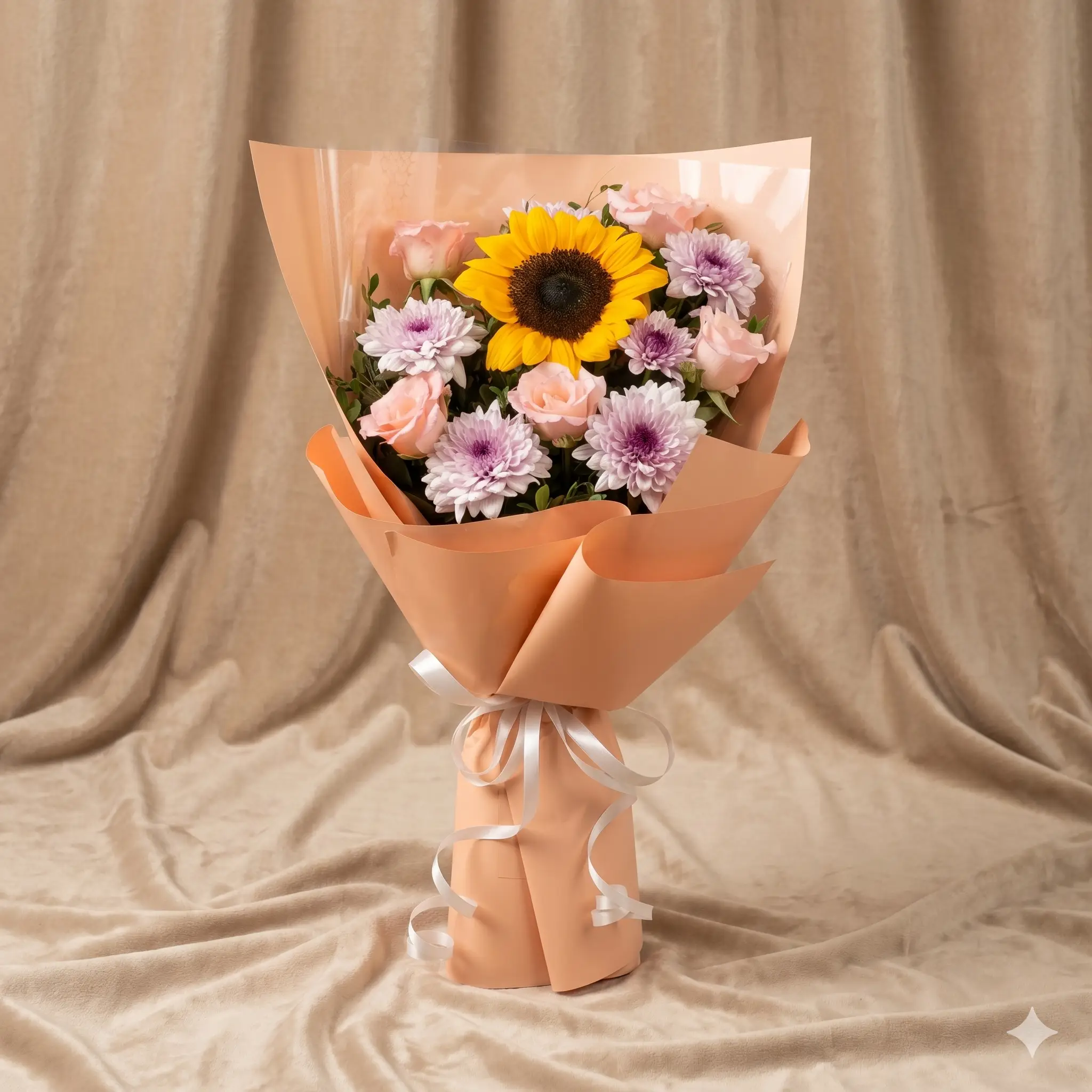 golden sunflower & pastel peach floral bouquet