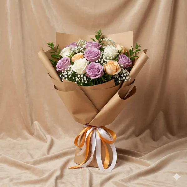 lavender & pastel cream rose kraft paper bouquet