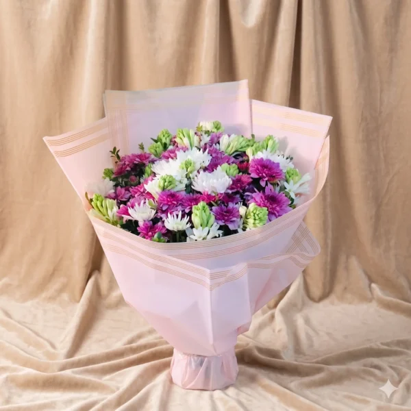 blush carnation & white daisy gingham bouquet