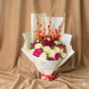 crimson rose & white chrysanthemum gold edged bouquet (copy)