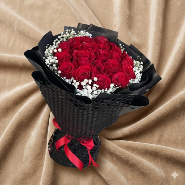 luxurious red rose bouquet with baby's breath in black mesh wrap | premium floral gift
