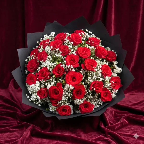 grand scarlet red rose & baby's breath luxury matte black bouquet (copy)