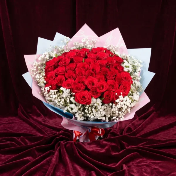 classic scarlet red rose & baby's breath pastel tri tone bouquet