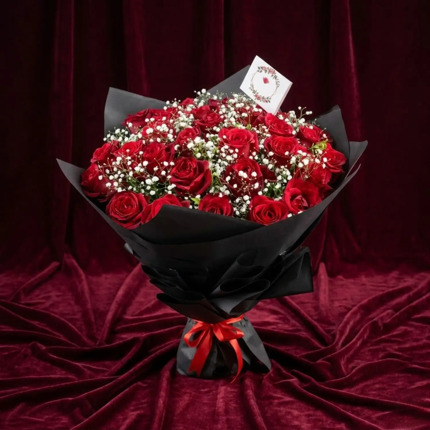 classic scarlet red rose & baby's breath matte black gifting bouquet