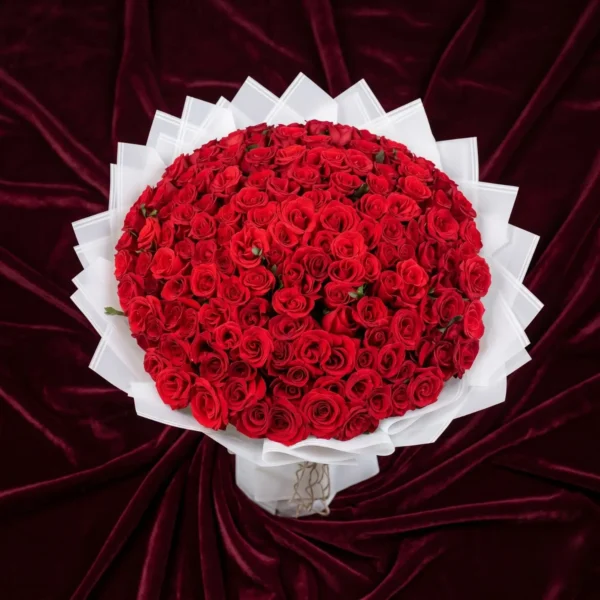 rustic scarlet red rose & palm leaf luxury burlap bouquet (copy)