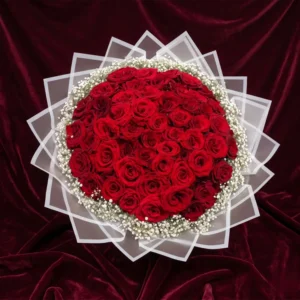 grand scarlet red rose & baby's breath starburst translucent bouquet