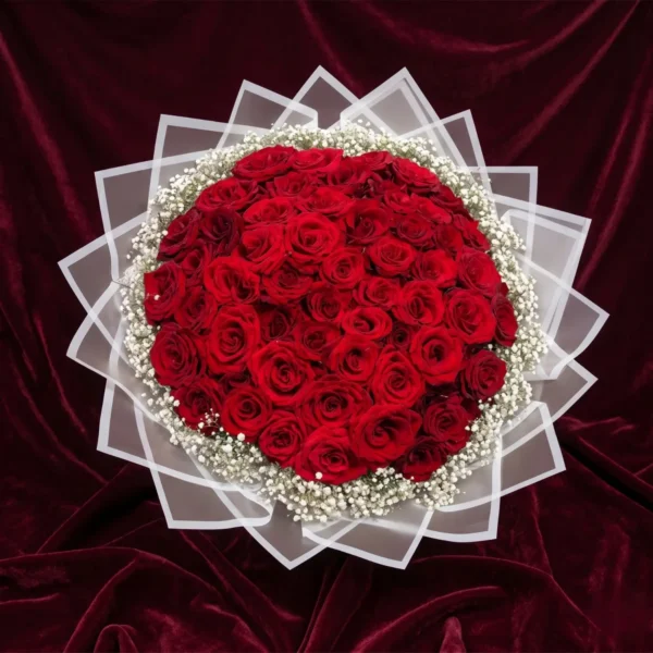 grand scarlet red rose & baby's breath starburst translucent bouquet