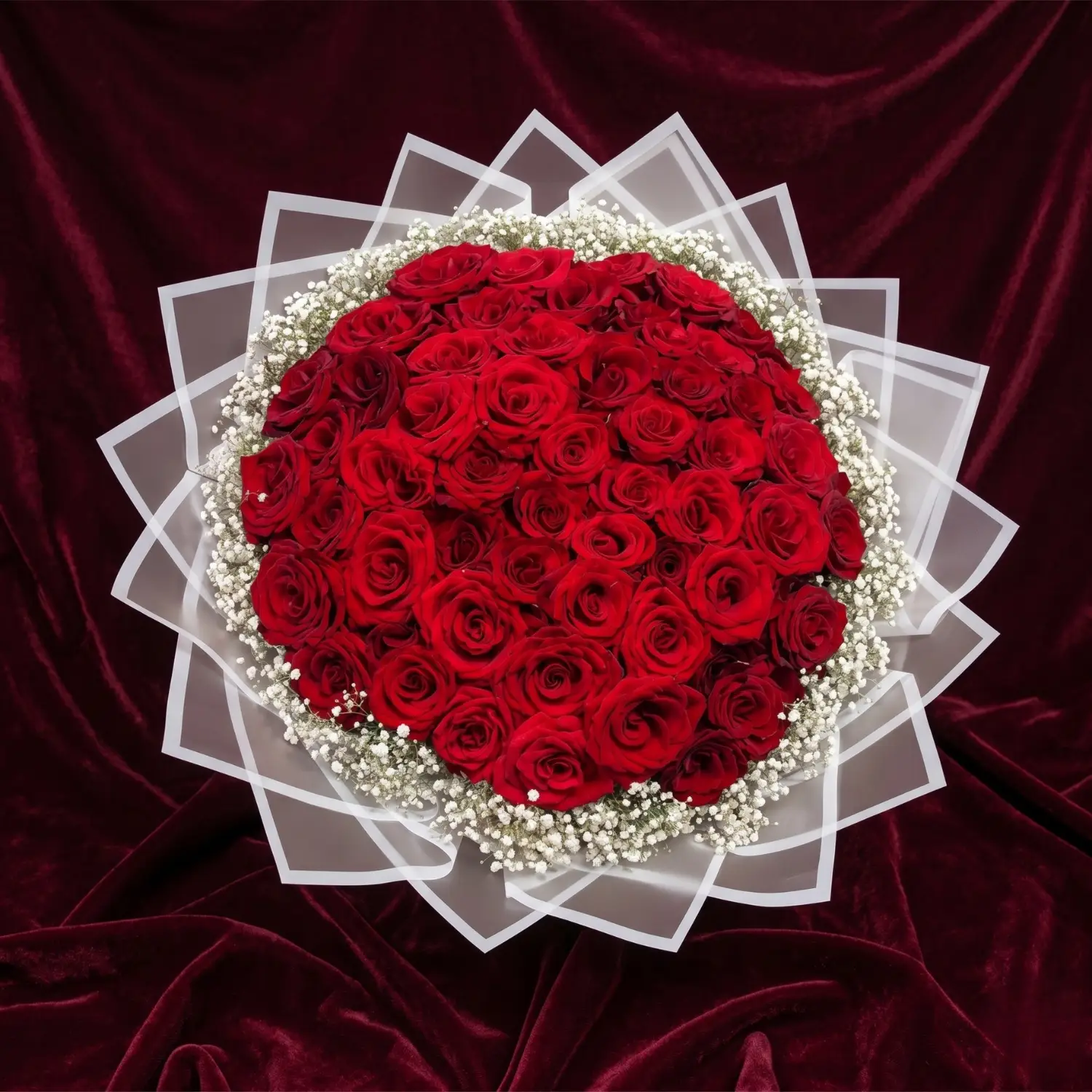 grand scarlet red rose & baby's breath starburst translucent bouquet