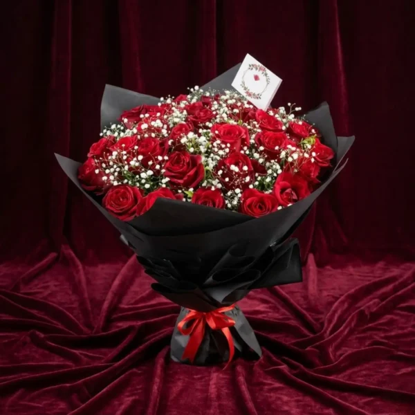bespoke faux pearl inlaid crown red rose luxury matte black bouquet (copy)